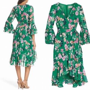 Eliza J Ruffle Sleeve Floral Faux Wrap Dress, Green, Size 12